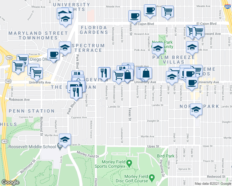map of restaurants, bars, coffee shops, grocery stores, and more near 3749 Mississippi Street in San Diego