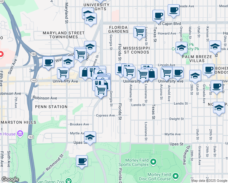 map of restaurants, bars, coffee shops, grocery stores, and more near 1996 Robinson Avenue in San Diego