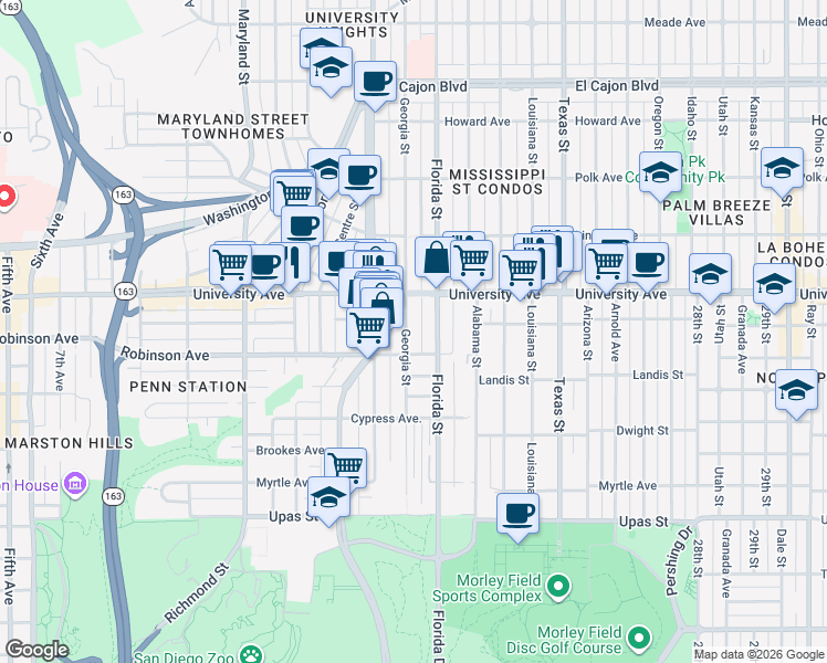 map of restaurants, bars, coffee shops, grocery stores, and more near 3795 Georgia Street in San Diego