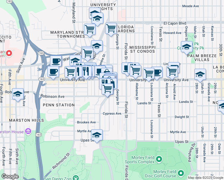 map of restaurants, bars, coffee shops, grocery stores, and more near in San Diego
