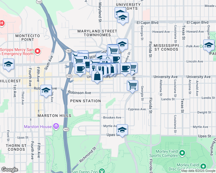 map of restaurants, bars, coffee shops, grocery stores, and more near 1518 Robinson Avenue in San Diego