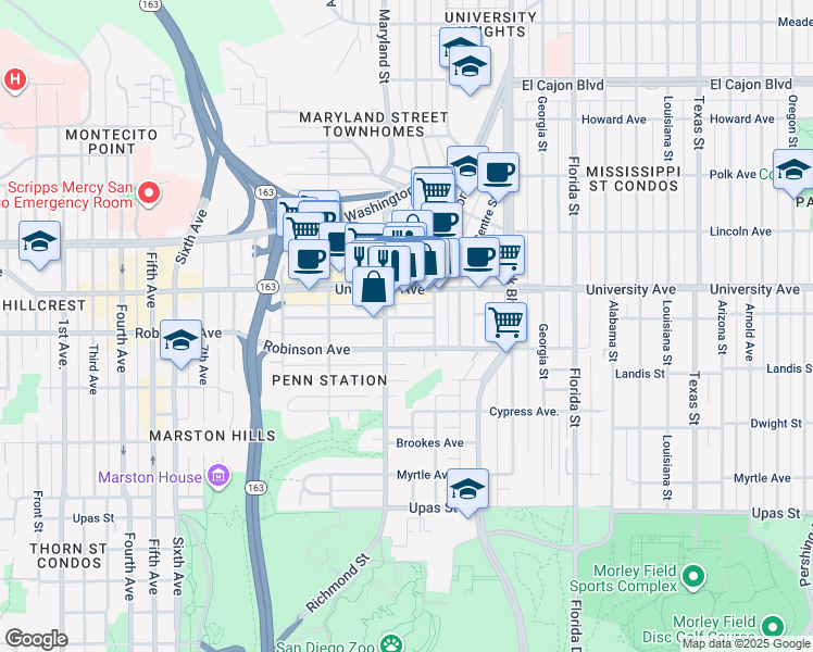 map of restaurants, bars, coffee shops, grocery stores, and more near 1518 Robinson Avenue in San Diego