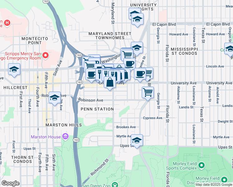 map of restaurants, bars, coffee shops, grocery stores, and more near 3750 Richmond Street in San Diego