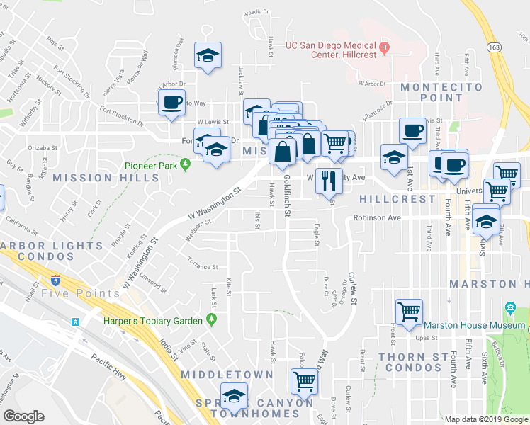 map of restaurants, bars, coffee shops, grocery stores, and more near 1002 Sutter Street in San Diego