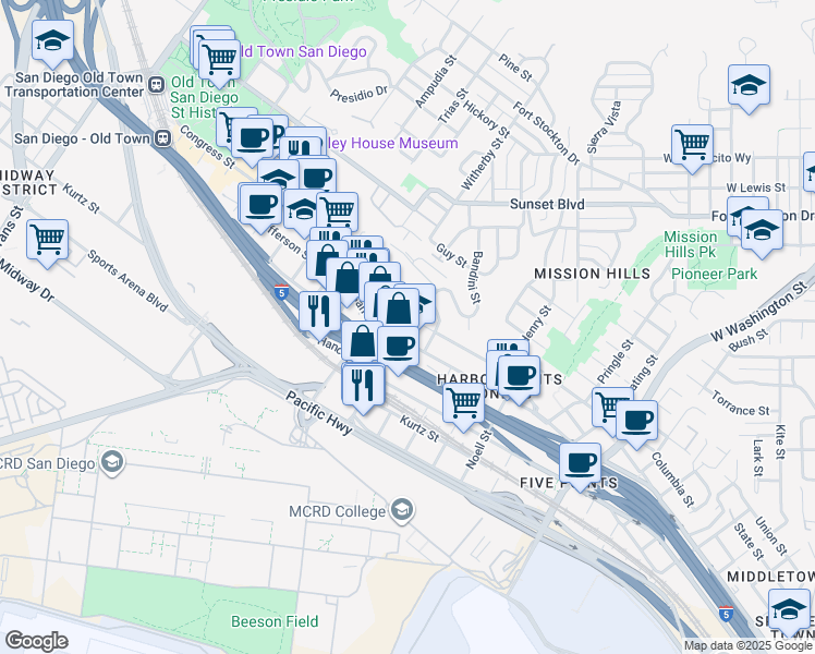 map of restaurants, bars, coffee shops, grocery stores, and more near 2120 San Diego Avenue in San Diego