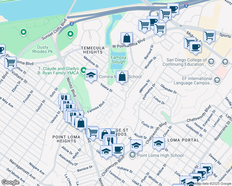 map of restaurants, bars, coffee shops, grocery stores, and more near 2478 Caminito Venido in San Diego