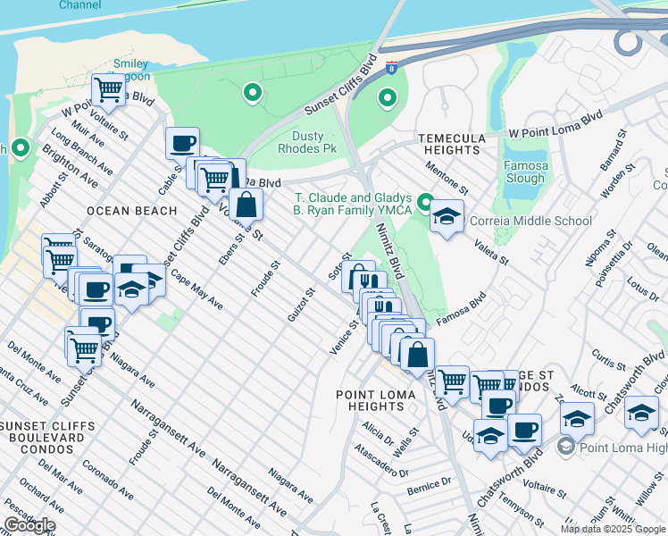 map of restaurants, bars, coffee shops, grocery stores, and more near 2218 Bolinas Street in San Diego