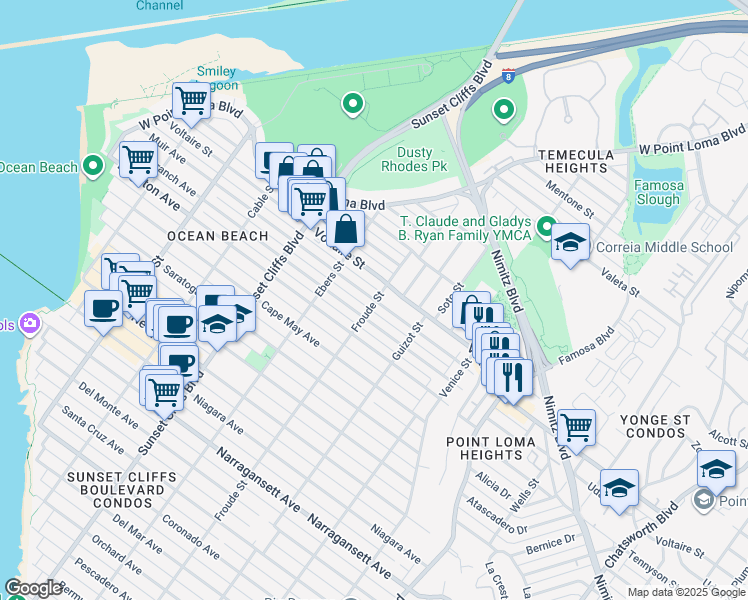map of restaurants, bars, coffee shops, grocery stores, and more near 4564 Long Branch Avenue in San Diego