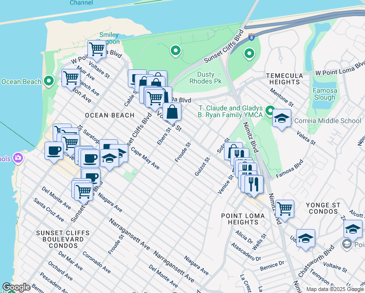 map of restaurants, bars, coffee shops, grocery stores, and more near 4564 Long Branch Avenue in San Diego