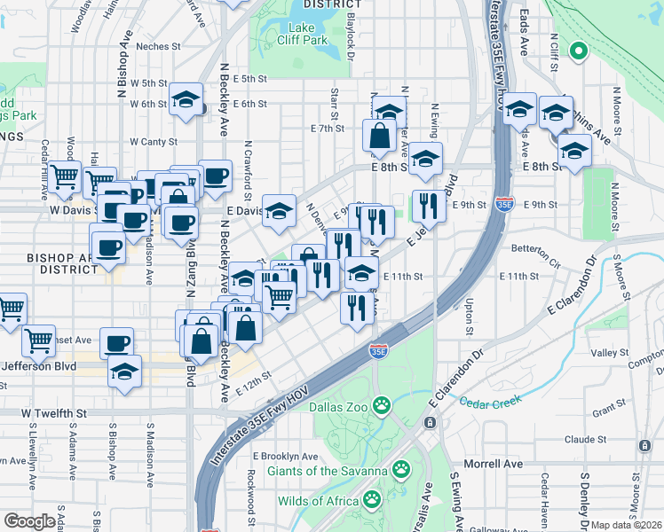 map of restaurants, bars, coffee shops, grocery stores, and more near 517 East Jefferson Boulevard in Dallas
