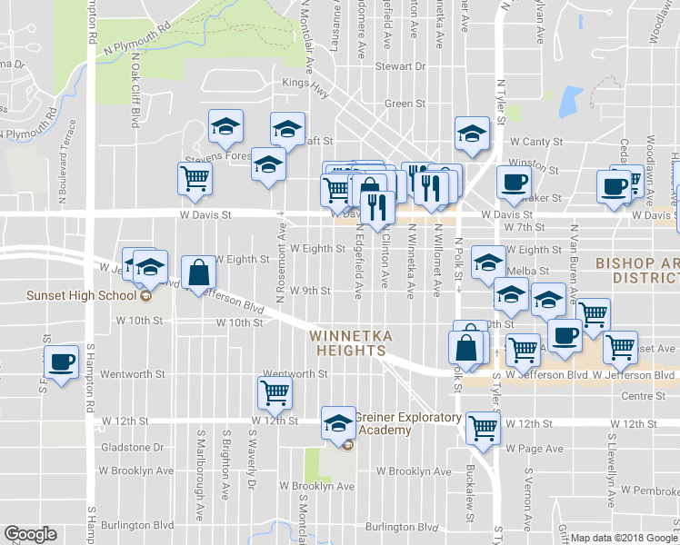 map of restaurants, bars, coffee shops, grocery stores, and more near 201 North Edgefield Avenue in Dallas