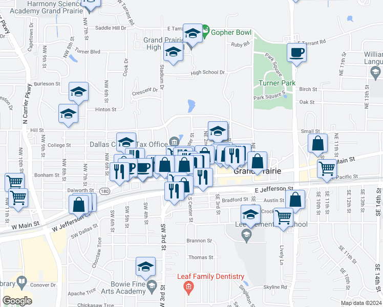 map of restaurants, bars, coffee shops, grocery stores, and more near 122 North Center Street in Grand Prairie