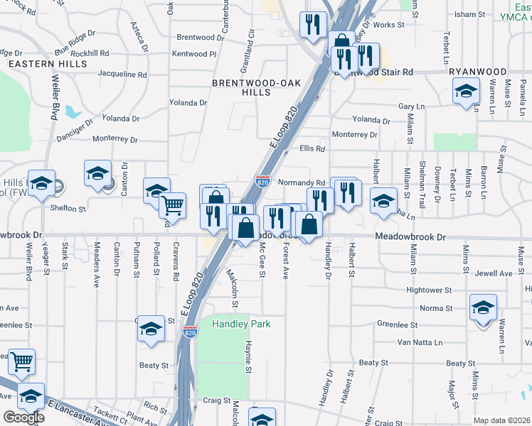map of restaurants, bars, coffee shops, grocery stores, and more near 6413 Meadowbrook Drive in Fort Worth