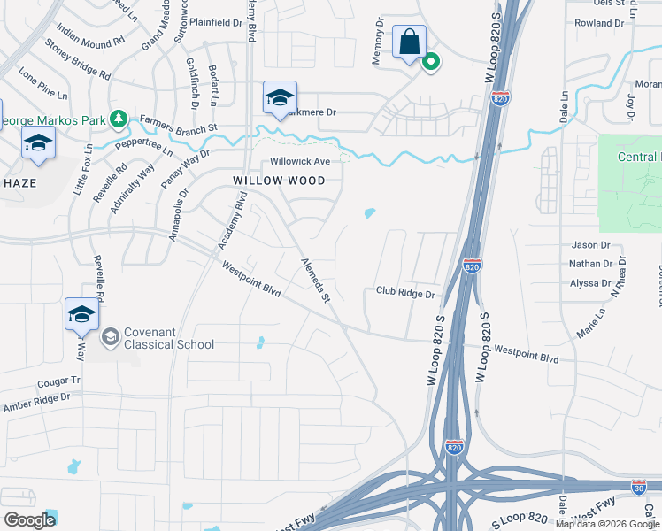map of restaurants, bars, coffee shops, grocery stores, and more near 1309 Alemeda Court in Fort Worth