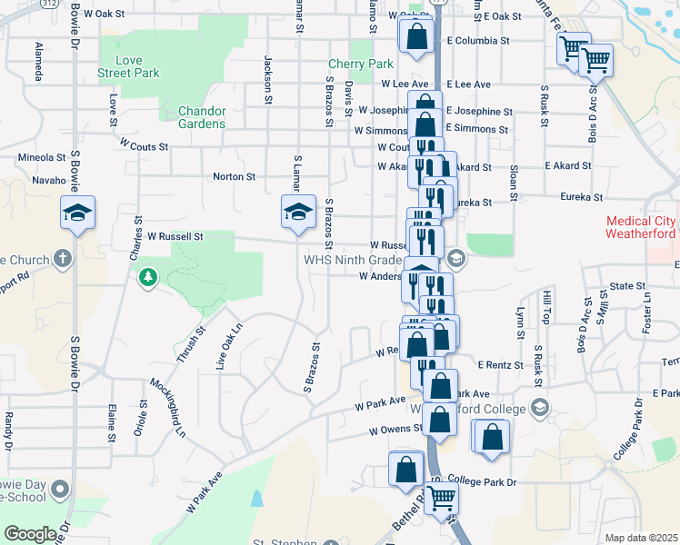 map of restaurants, bars, coffee shops, grocery stores, and more near 315 West Anderson Street in Weatherford