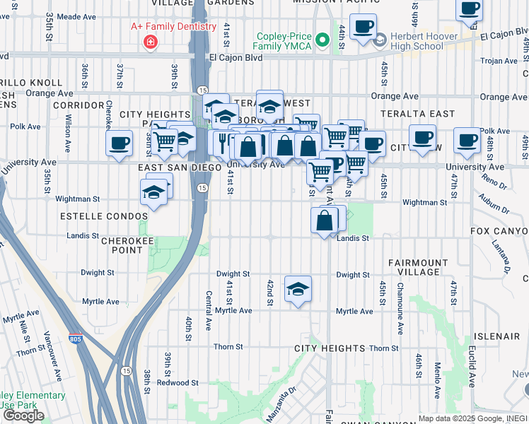 map of restaurants, bars, coffee shops, grocery stores, and more near 3770 42nd Street in San Diego