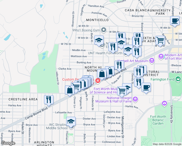 map of restaurants, bars, coffee shops, grocery stores, and more near 1217 Belle Place in Fort Worth