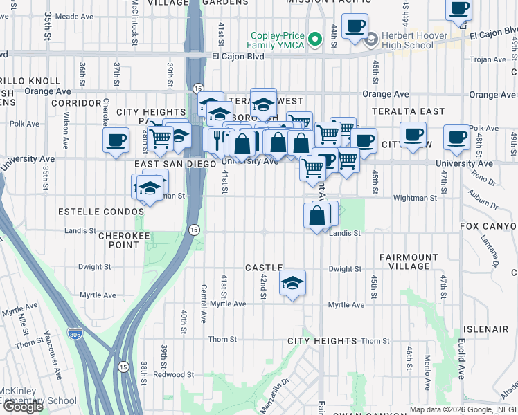 map of restaurants, bars, coffee shops, grocery stores, and more near 3720 42nd Street in San Diego