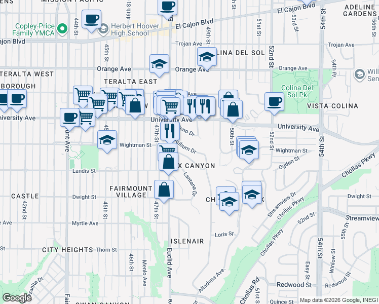 map of restaurants, bars, coffee shops, grocery stores, and more near 4834 Wightman Street in San Diego