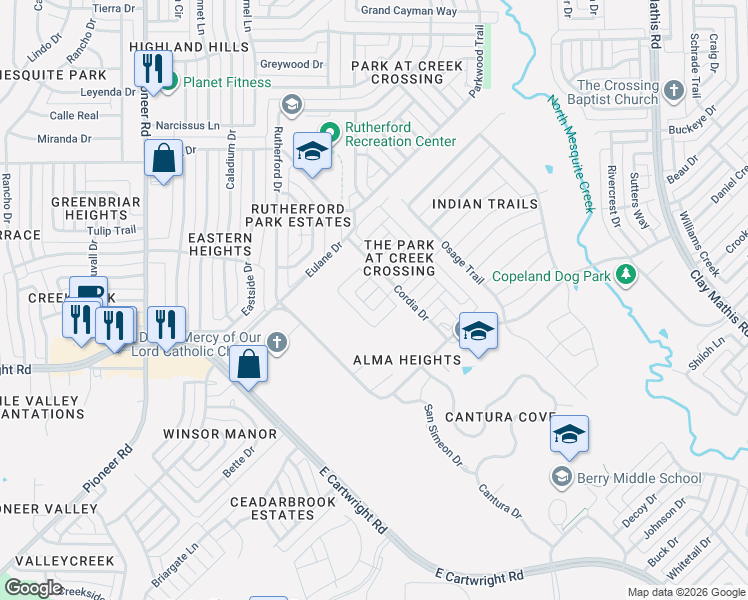 map of restaurants, bars, coffee shops, grocery stores, and more near 9 Cordia Drive in Mesquite