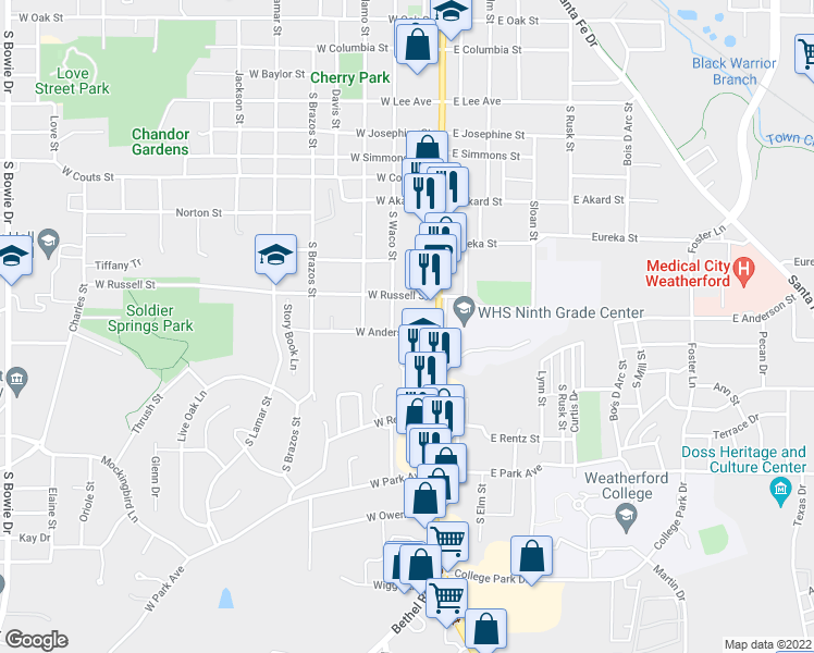 map of restaurants, bars, coffee shops, grocery stores, and more near 114 West Anderson Street in Weatherford