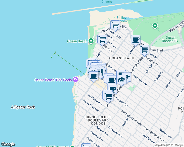 map of restaurants, bars, coffee shops, grocery stores, and more near 5022 Niagara Avenue in San Diego