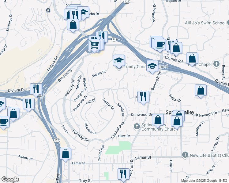 map of restaurants, bars, coffee shops, grocery stores, and more near 3605 Kenwood Drive in Spring Valley