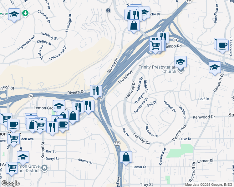 map of restaurants, bars, coffee shops, grocery stores, and more near 3504 Sequoia Street in Lemon Grove