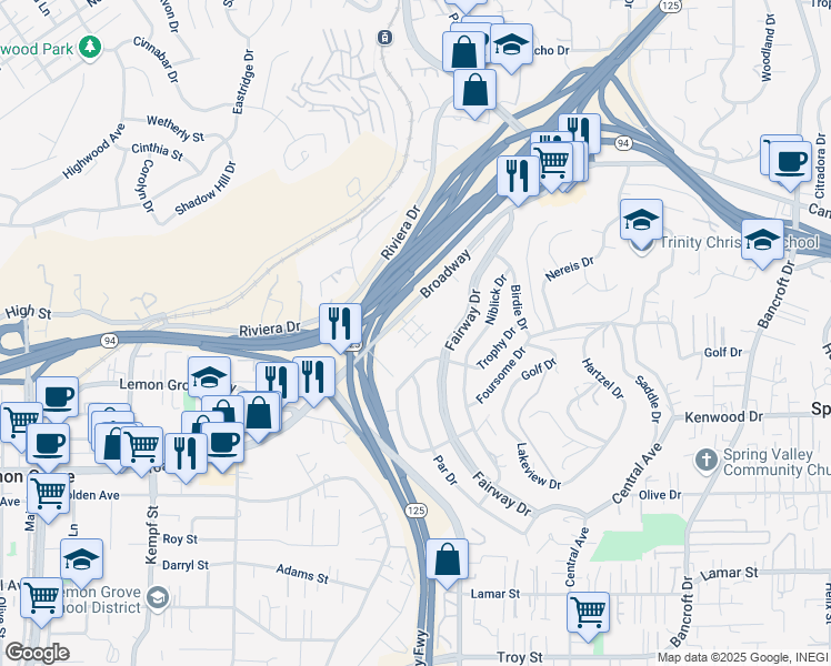 map of restaurants, bars, coffee shops, grocery stores, and more near 8383 Yellowstone Street in Lemon Grove
