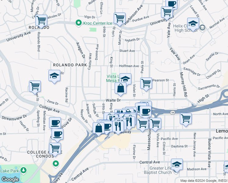 map of restaurants, bars, coffee shops, grocery stores, and more near 3831 King Street in La Mesa