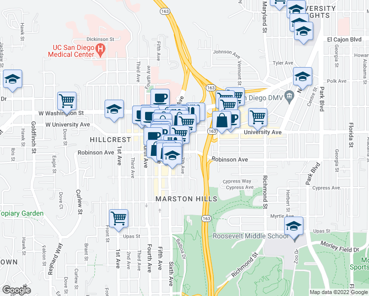 map of restaurants, bars, coffee shops, grocery stores, and more near 3809 7th Avenue in San Diego