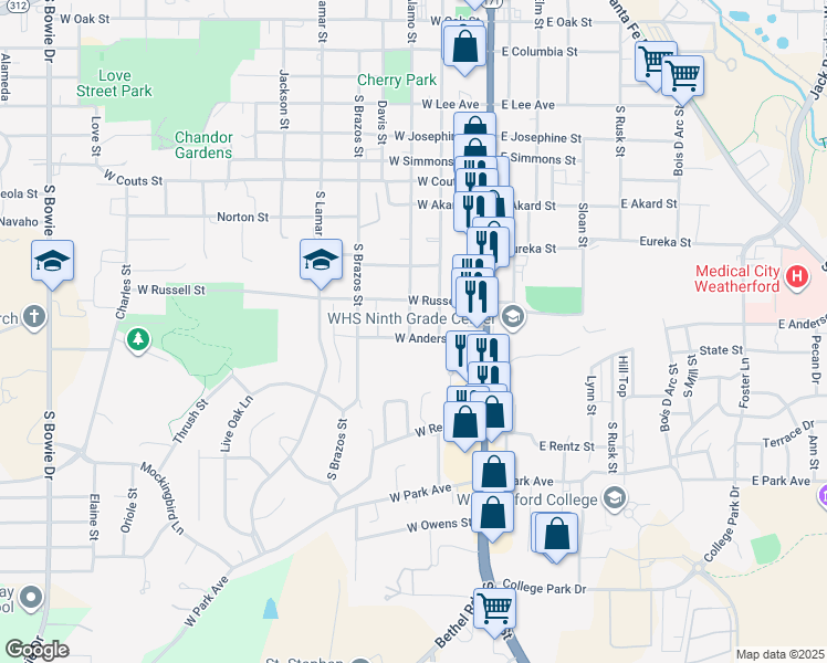 map of restaurants, bars, coffee shops, grocery stores, and more near 1015 South Alamo Street in Weatherford