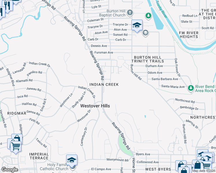 map of restaurants, bars, coffee shops, grocery stores, and more near 1327 Roaring Springs Road in Fort Worth