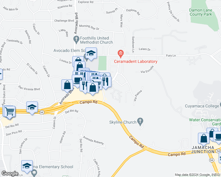 map of restaurants, bars, coffee shops, grocery stores, and more near 3690 Avocado Village Court in La Mesa