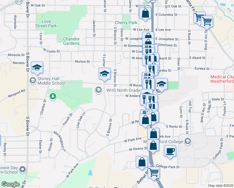 map of restaurants, bars, coffee shops, grocery stores, and more near 311 West Russell Street in Weatherford