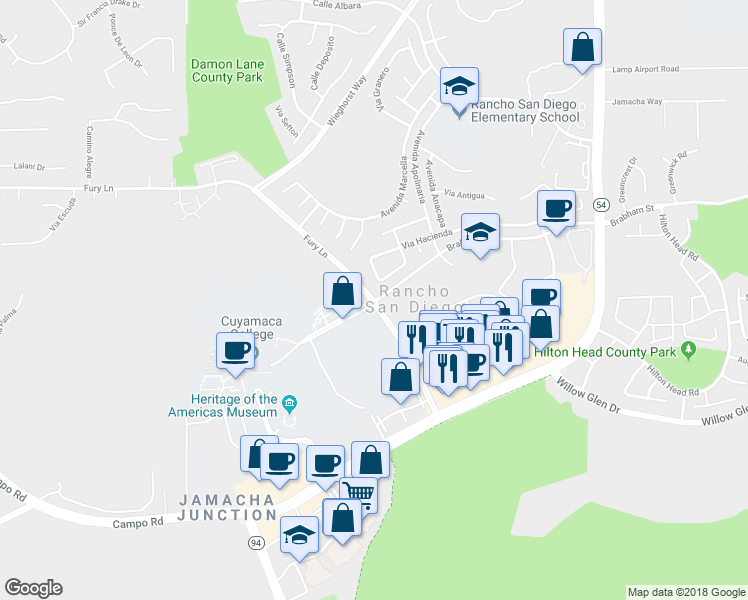 map of restaurants, bars, coffee shops, grocery stores, and more near Fury Lane & Brabham Street in El Cajon