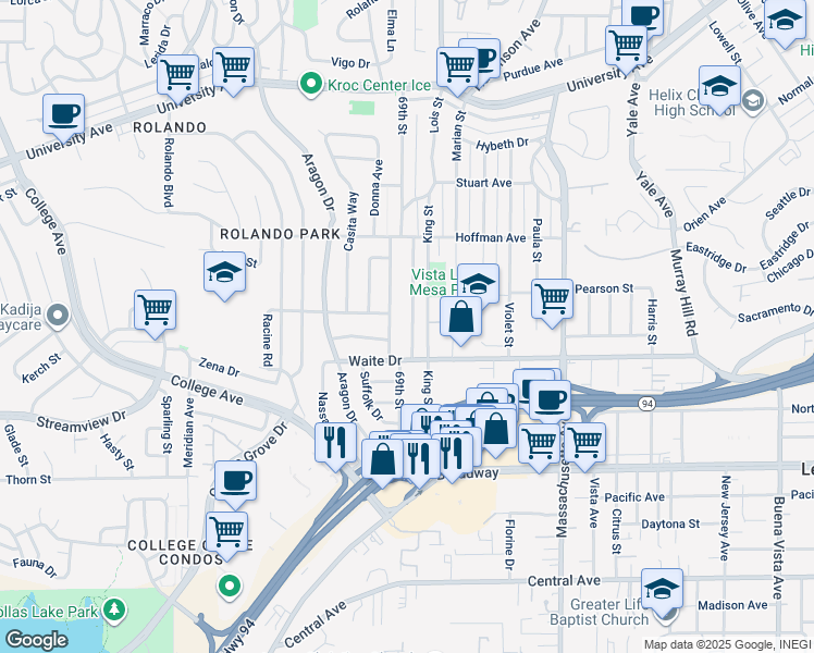 map of restaurants, bars, coffee shops, grocery stores, and more near 3844 Shirlene Place in La Mesa