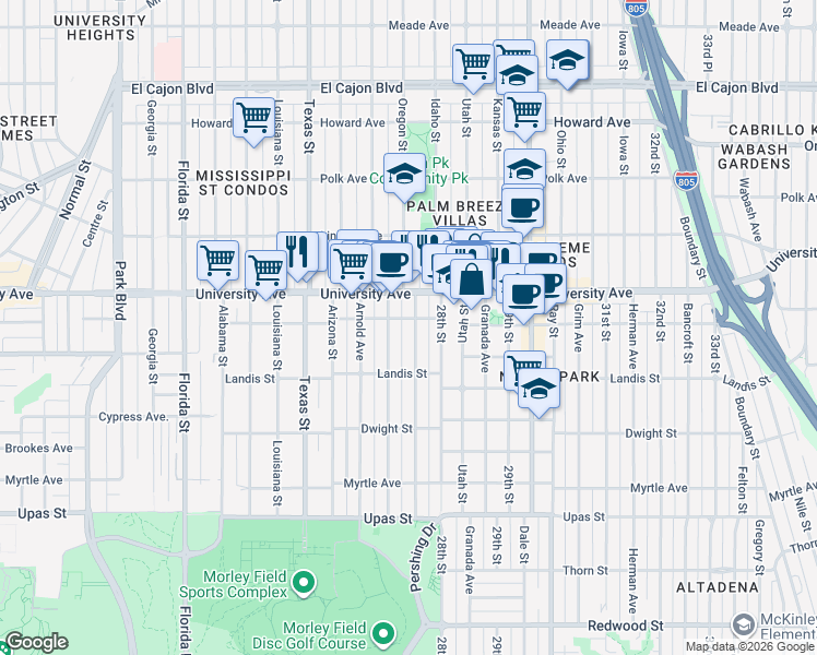 map of restaurants, bars, coffee shops, grocery stores, and more near 3784 Pershing Avenue in San Diego