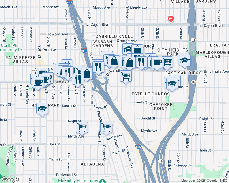 map of restaurants, bars, coffee shops, grocery stores, and more near 3803 Wabash Avenue in San Diego