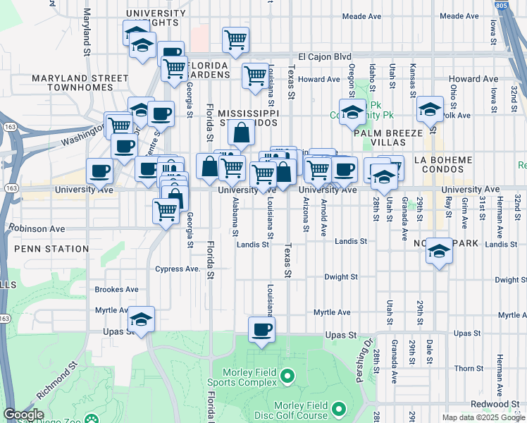map of restaurants, bars, coffee shops, grocery stores, and more near 2227 Wightman Street in San Diego