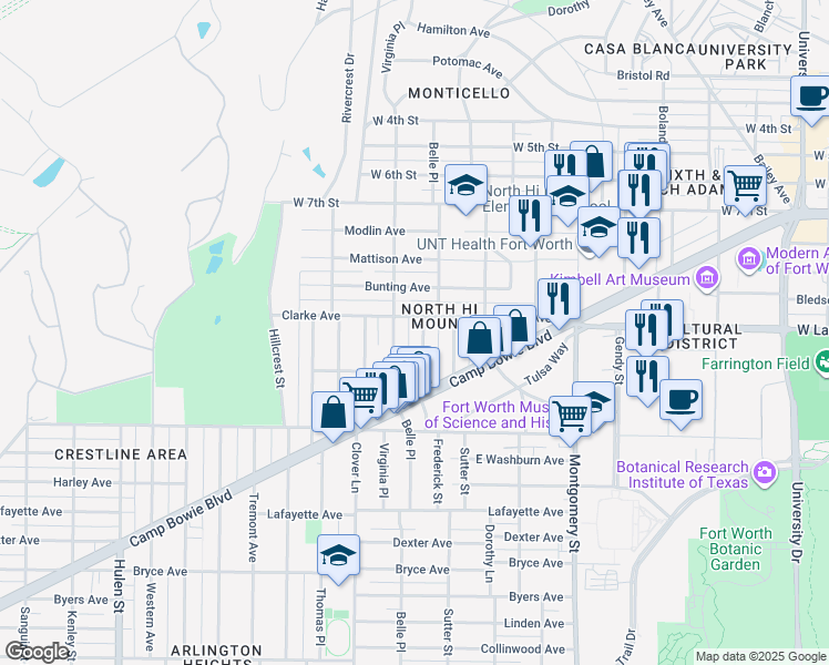 map of restaurants, bars, coffee shops, grocery stores, and more near 1214 Belle Place in Fort Worth