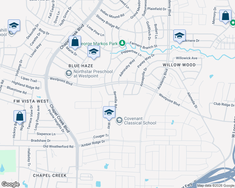map of restaurants, bars, coffee shops, grocery stores, and more near 805 Reveille Road in Fort Worth