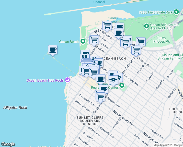 map of restaurants, bars, coffee shops, grocery stores, and more near 1922 Bacon Street in San Diego