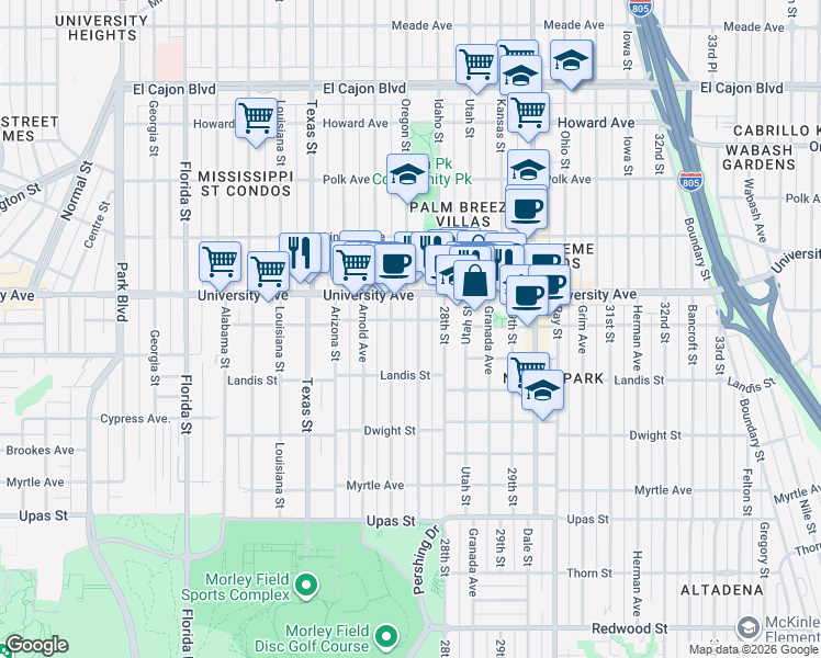 map of restaurants, bars, coffee shops, grocery stores, and more near 3784 Pershing Avenue in San Diego
