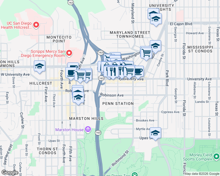 map of restaurants, bars, coffee shops, grocery stores, and more near 1027 Essex Street in San Diego