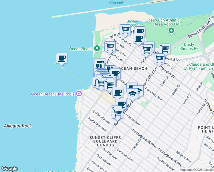 map of restaurants, bars, coffee shops, grocery stores, and more near 1922 Bacon Street in San Diego