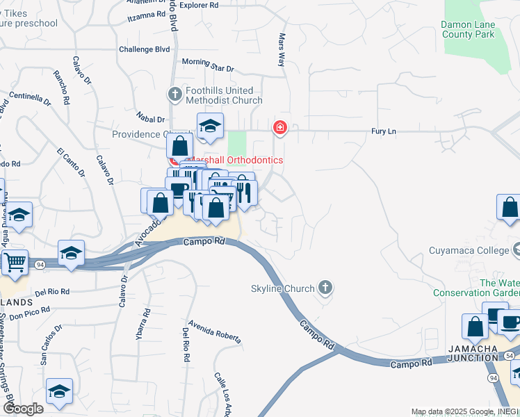 map of restaurants, bars, coffee shops, grocery stores, and more near 3697 Avocado Village Court in La Mesa