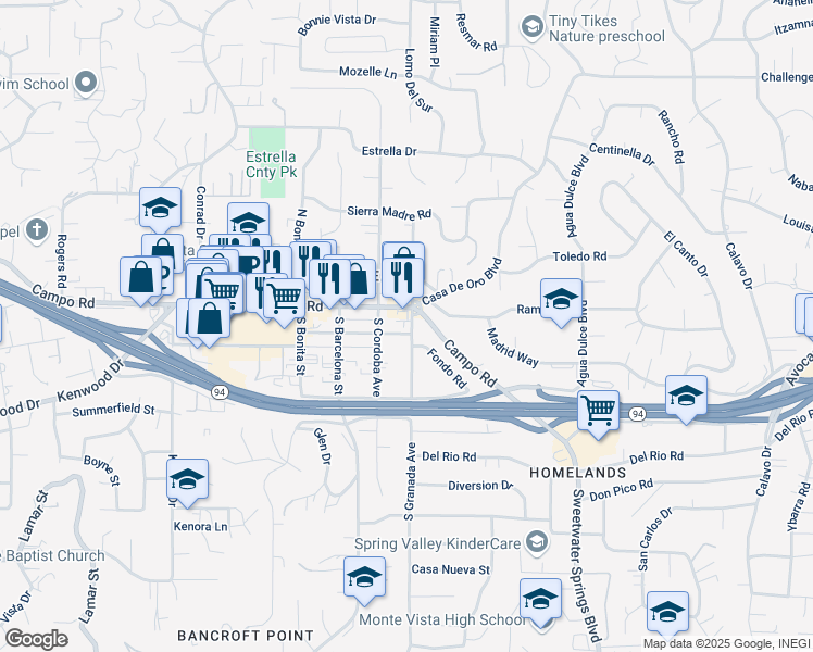 map of restaurants, bars, coffee shops, grocery stores, and more near 10030 Campo Road in Spring Valley