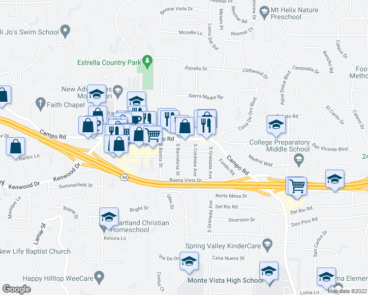 map of restaurants, bars, coffee shops, grocery stores, and more near in Casa de Oro-Mount Helix