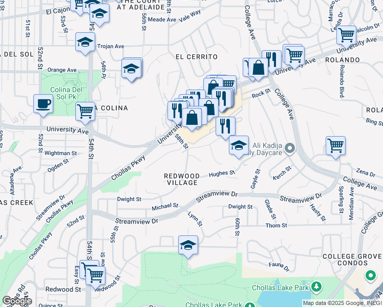 map of restaurants, bars, coffee shops, grocery stores, and more near 5821 University Avenue in San Diego